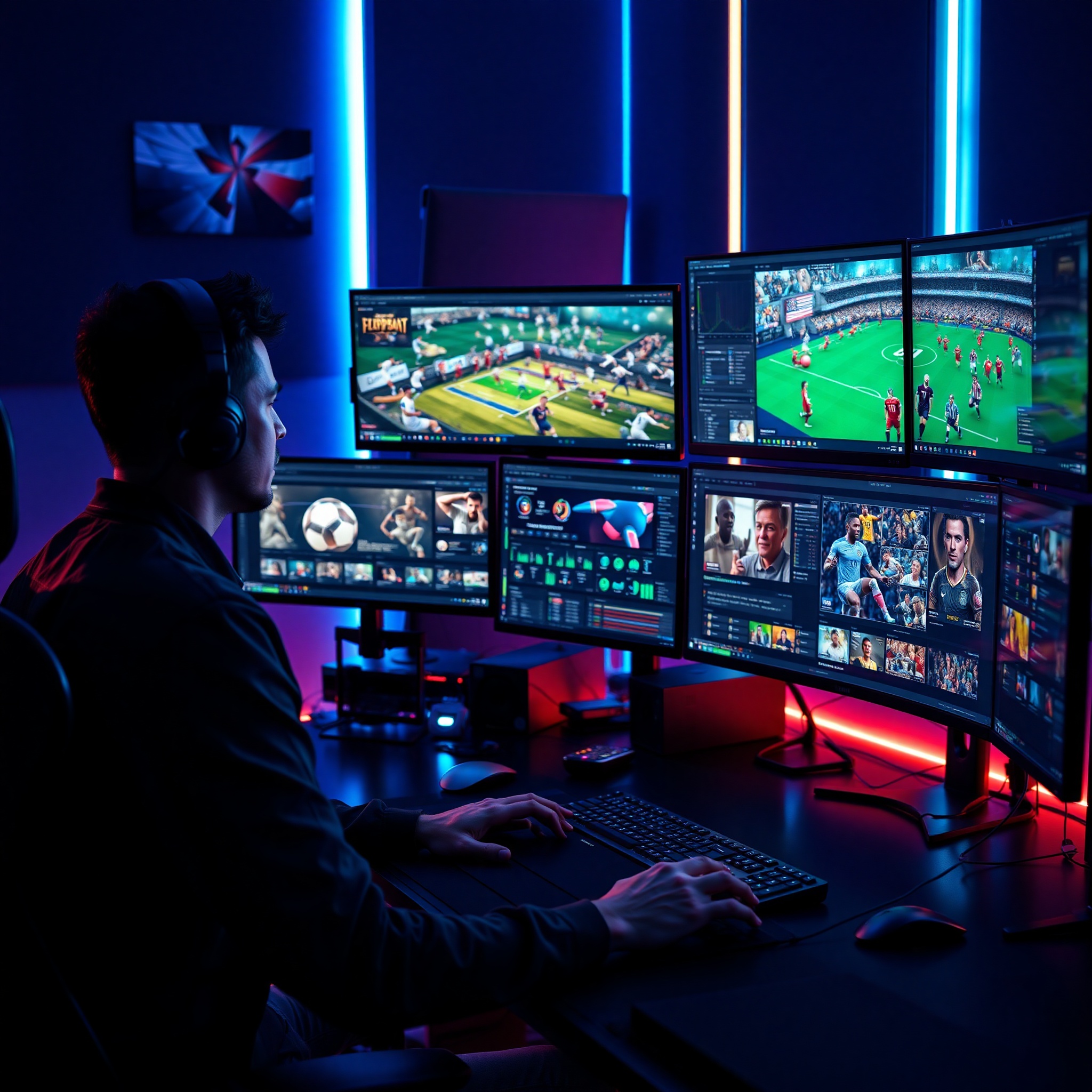 Professional 3D motion graphics animation workspace with multiple monitors displaying dynamic visual effects