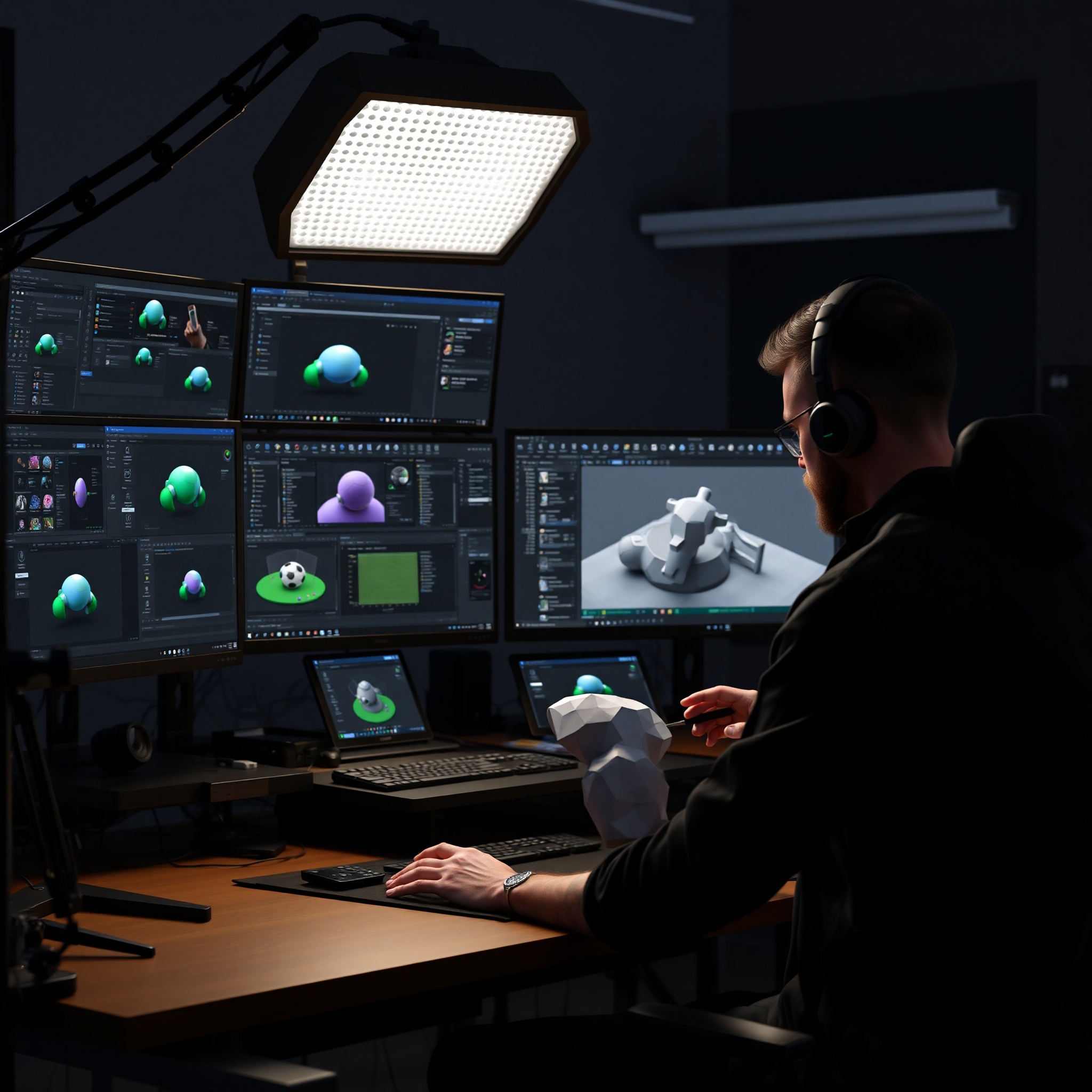 Professional 3D modeling workspace showing complex geometric shapes and modeling tools for sports commercial production