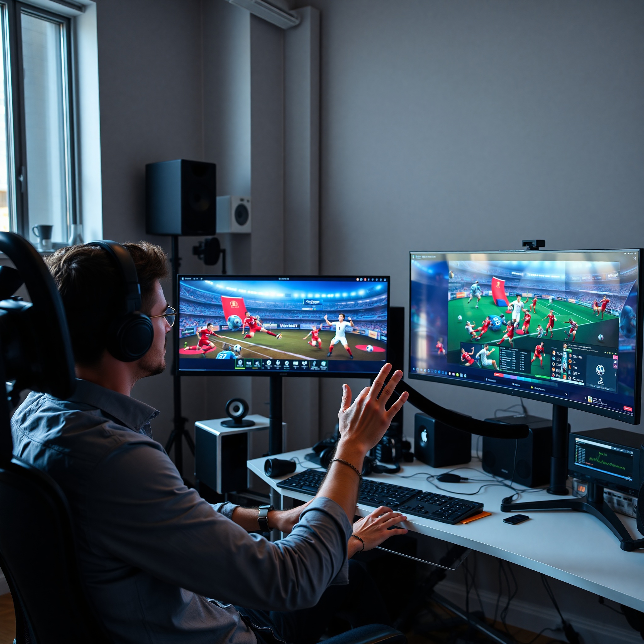 Professional animator reviewing 3D animation project on dual monitor setup with advanced rendering software