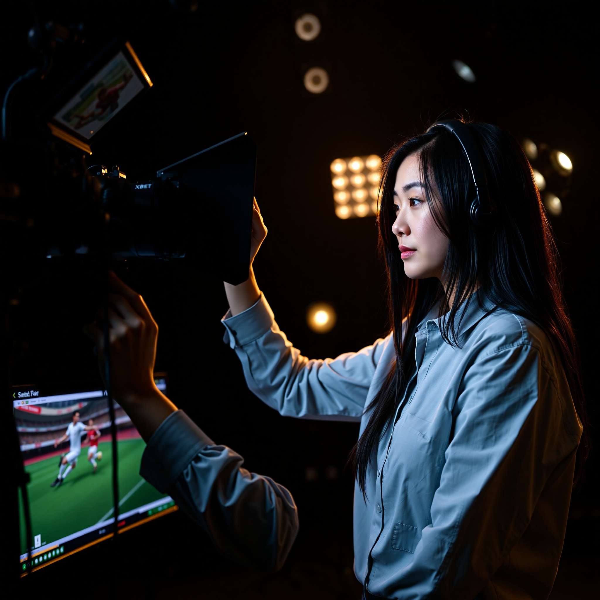 Lighting director setting up professional studio lights for 3D rendered product visualization