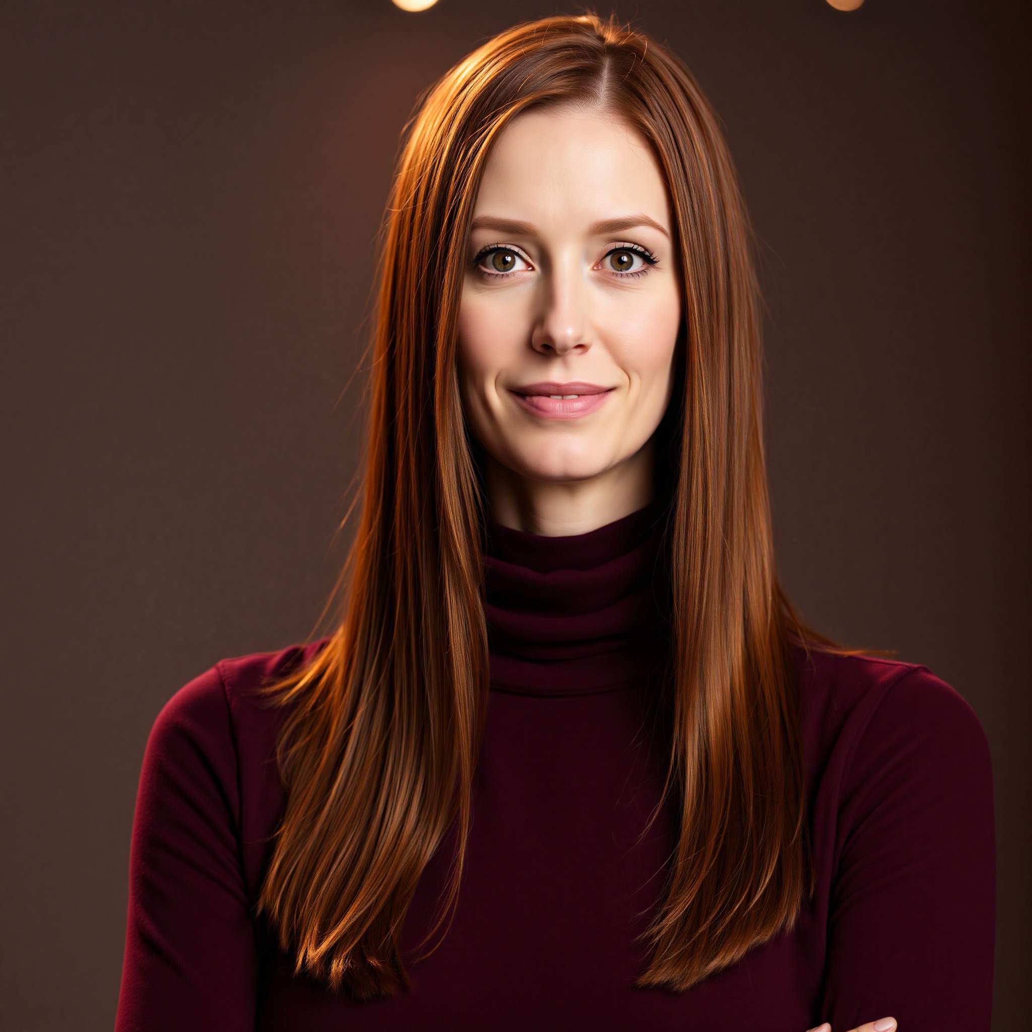 Portrait of Sarah, 35-year-old female motion graphics designer with long auburn hair, wearing burgundy sweater in creative workspace