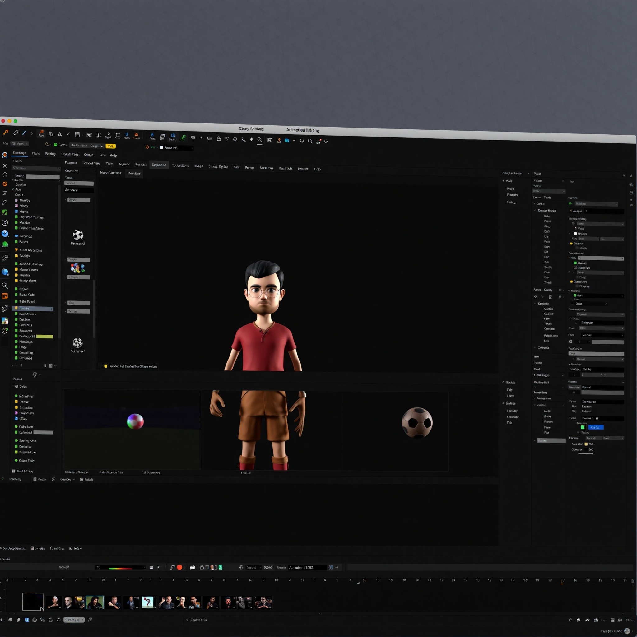 3D animation software interface showing complex character model with realistic textures and lighting setup