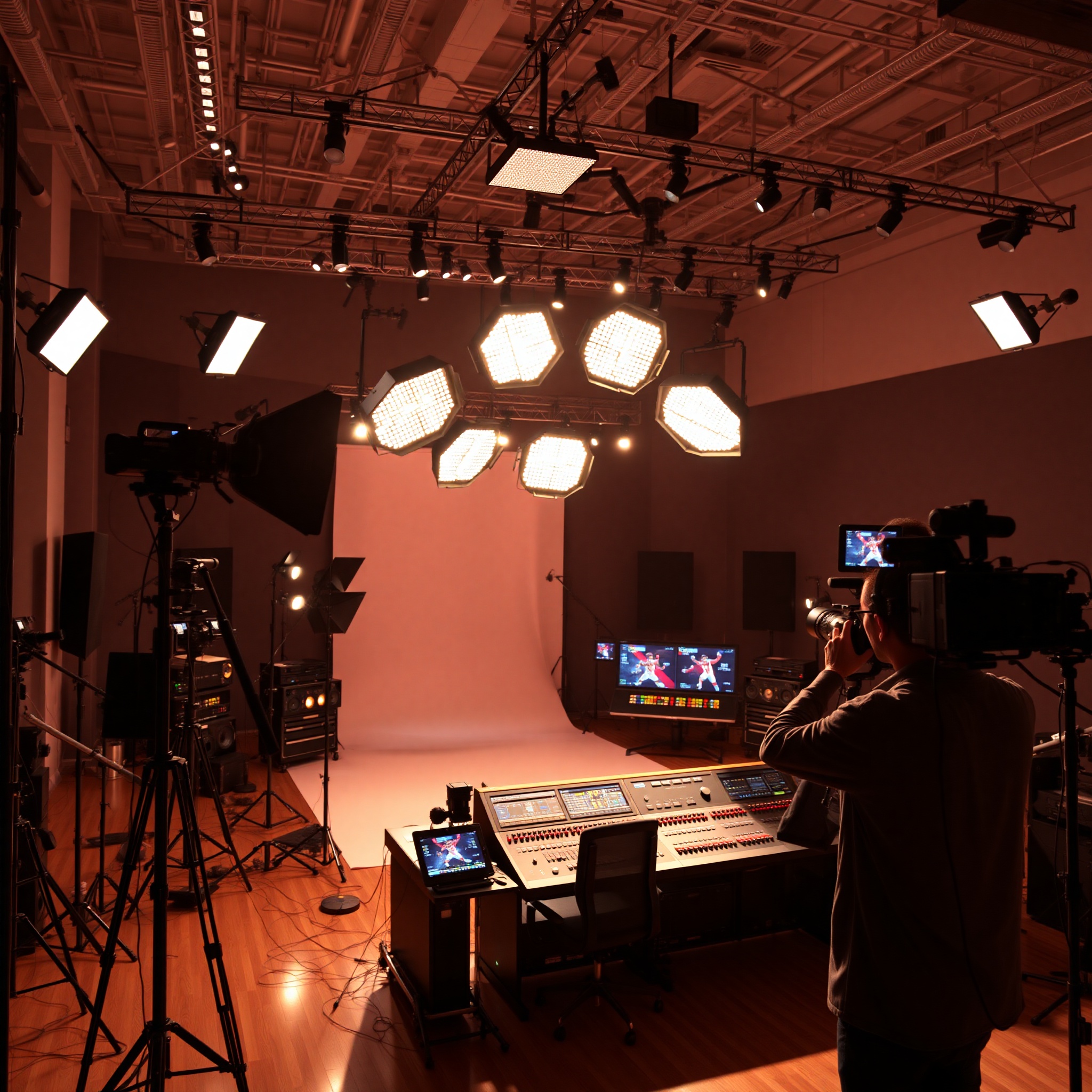 Professional lighting setup in modern animation studio with three-point lighting configuration and control panels